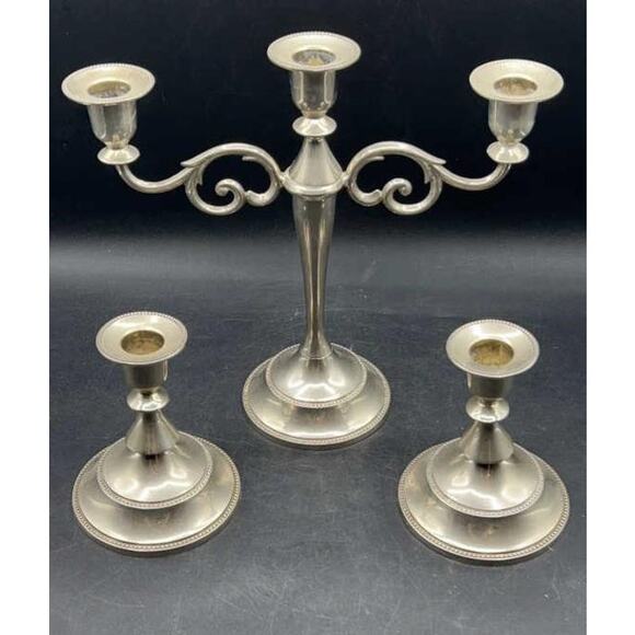 Vintage Silver-Plated 3-Pc Candle Holder Set 3-Arm Candelabra & 2 Single Holders - Picture 2 of 10